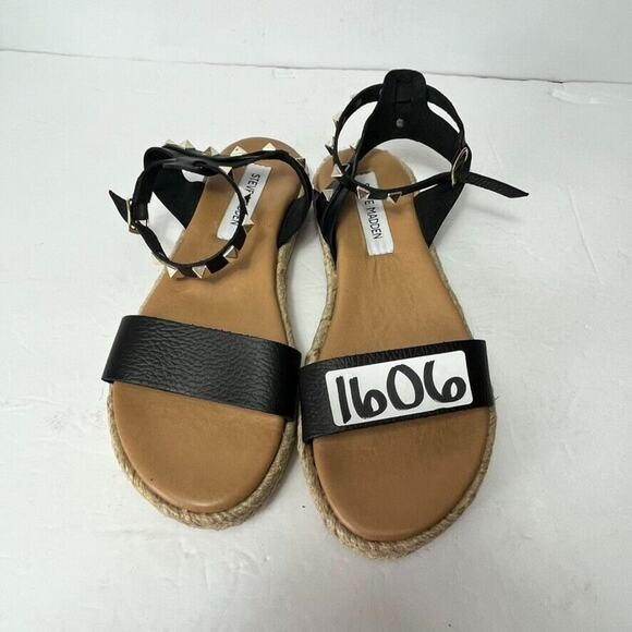 Steve Madden Sandal Womens 8 Black Studded Leather Ankle Strap Espadrille Buckle - Picture 9 of 10